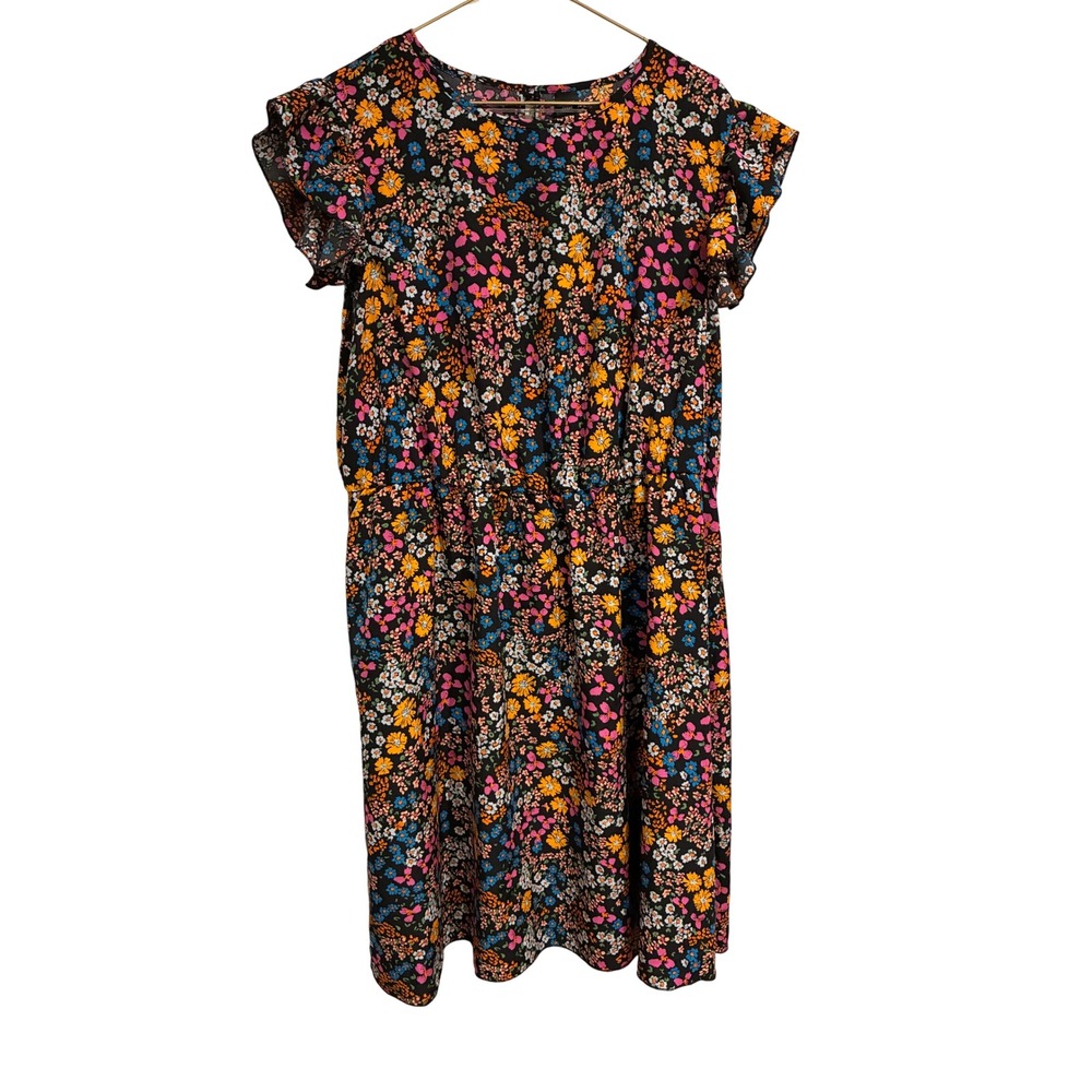 Shein Curve Floral Ruffle Sleeve Mini Dress Black Multicolor 1XL